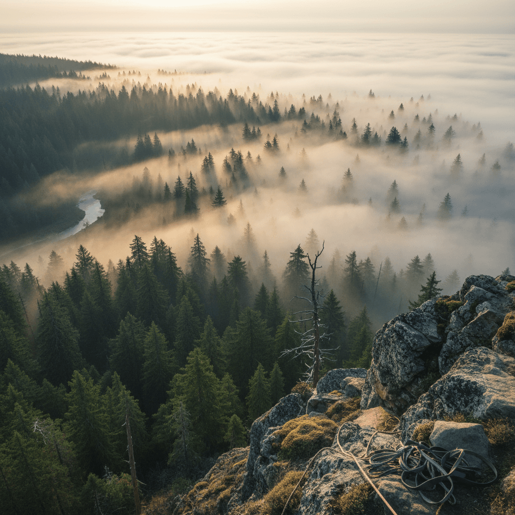 Forested mountain landscape overlooking a valley at sunrise