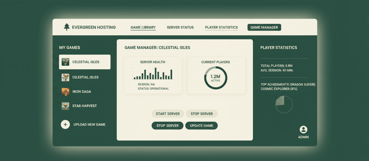 Retro-styled game hosting interface with a product platform dashboard